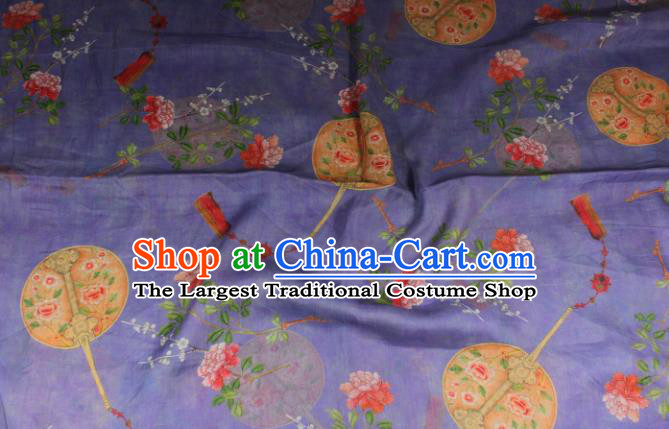 Chinese Printing Plum Peony Fan Pattern Lilac Flax Fabric Traditional Asian Linen Drapery Qipao Dress Cloth