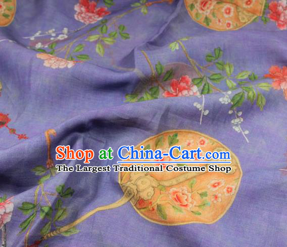 Chinese Printing Plum Peony Fan Pattern Lilac Flax Fabric Traditional Asian Linen Drapery Qipao Dress Cloth