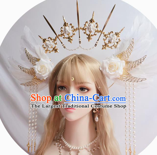 Halloween Cosplay Goddess Royal Crown and Aureole Stage Show Queen Headwear Handmade Angell Wing Hair Accessories