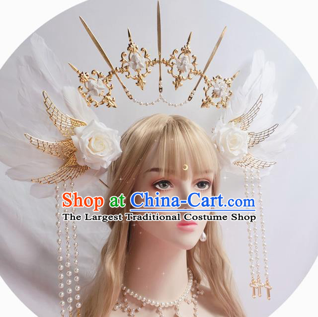 Halloween Cosplay Goddess Royal Crown and Aureole Stage Show Queen Headwear Handmade Angell Wing Hair Accessories