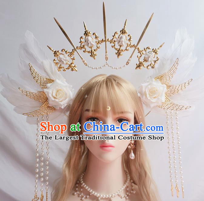 Halloween Cosplay Goddess Royal Crown and Aureole Stage Show Queen Headwear Handmade Angell Wing Hair Accessories