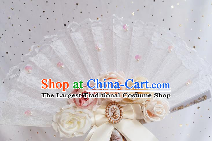 Classical Europe Court White Lace Fan Handmade Retro Folding Fans Rose Flowers Accordion