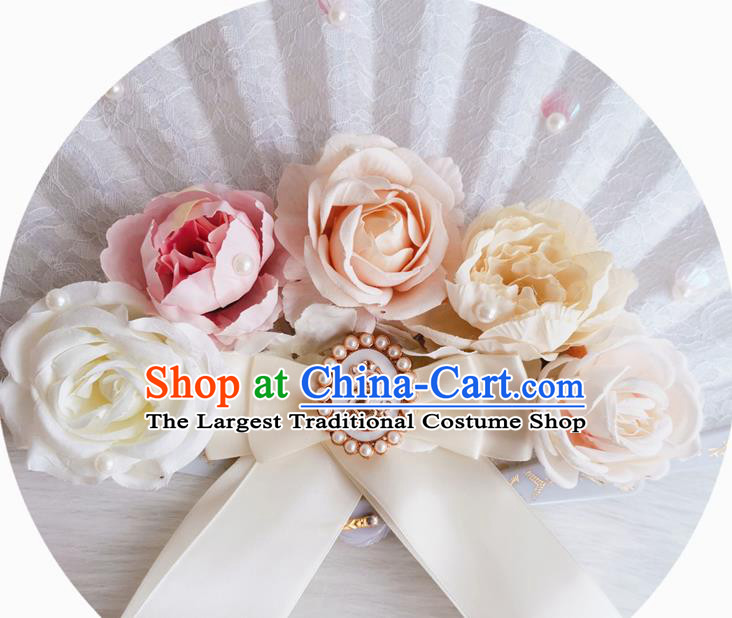 Classical Europe Court White Lace Fan Handmade Retro Folding Fans Rose Flowers Accordion