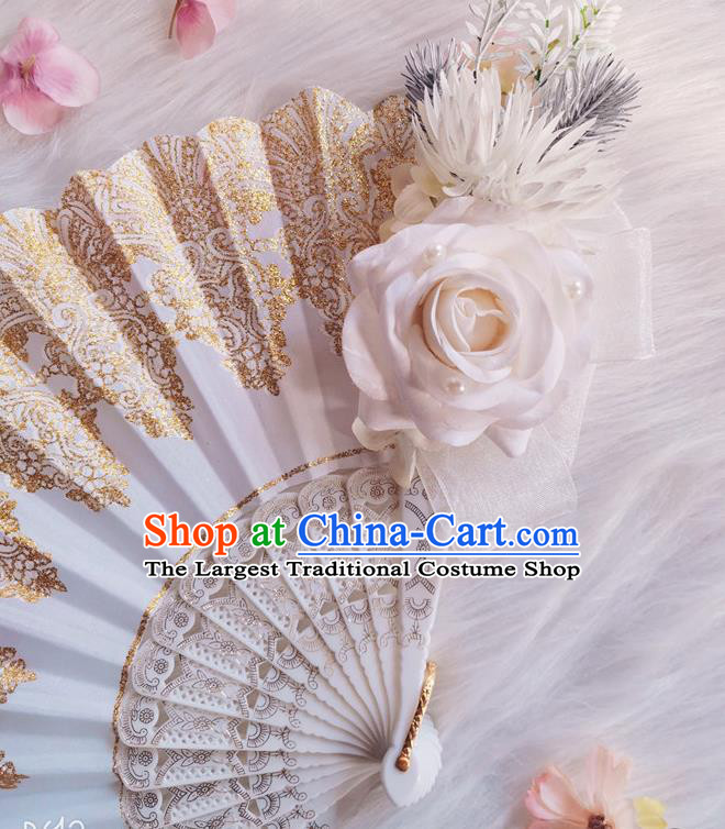 Classical White Rose Flower Fan Handmade Retro Folding Fans Europe Court Accordion