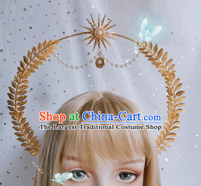 Handmade Golden Leaf Royal Crown Halloween Stage Show Hair Accessories Cosplay Goddess Aureole Hair Clasp