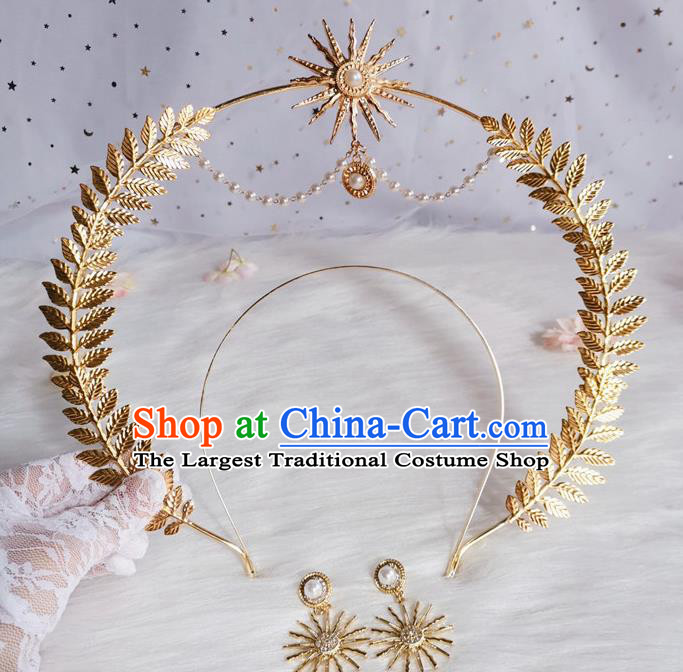 Handmade Golden Leaf Royal Crown Halloween Stage Show Hair Accessories Cosplay Goddess Aureole Hair Clasp