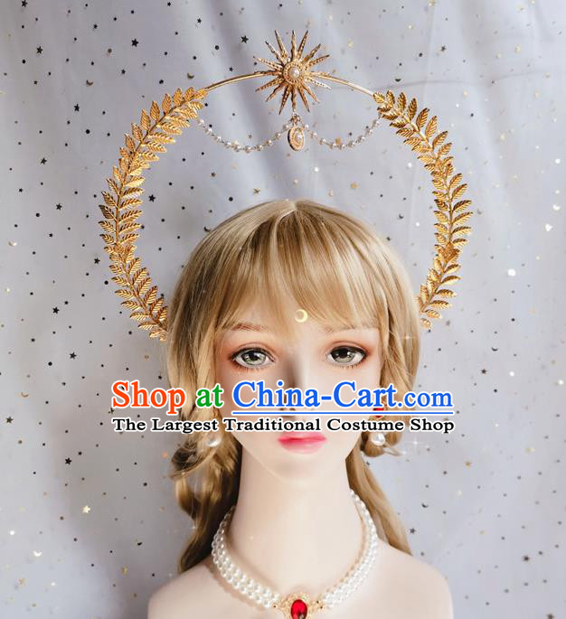 Handmade Golden Leaf Royal Crown Halloween Stage Show Hair Accessories Cosplay Goddess Aureole Hair Clasp