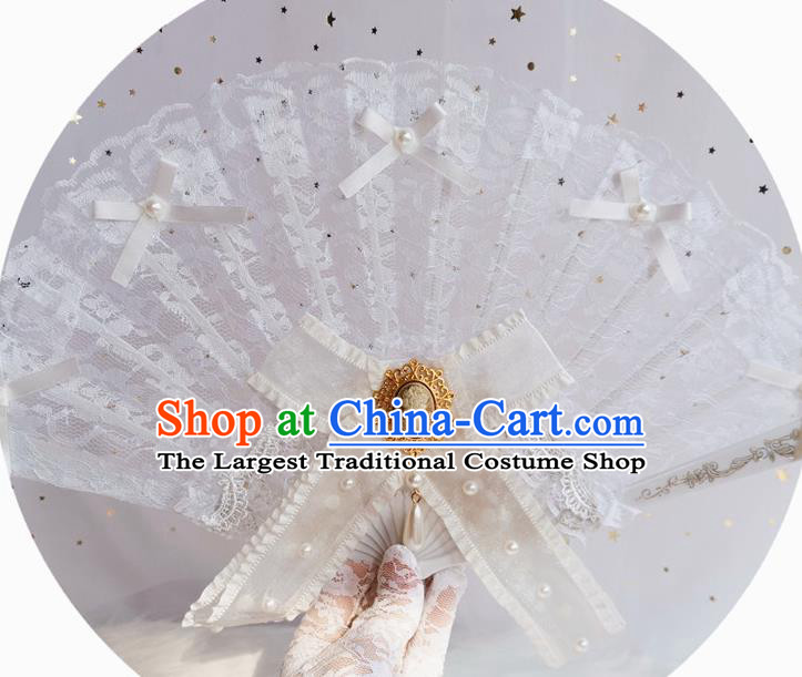 Classical Retro White Lace Fan Handmade Dance Folding Fans Europe Court Princess Bowknot Accordion