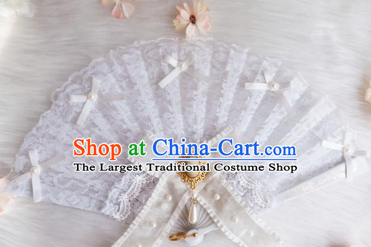Classical Retro White Lace Fan Handmade Dance Folding Fans Europe Court Princess Bowknot Accordion