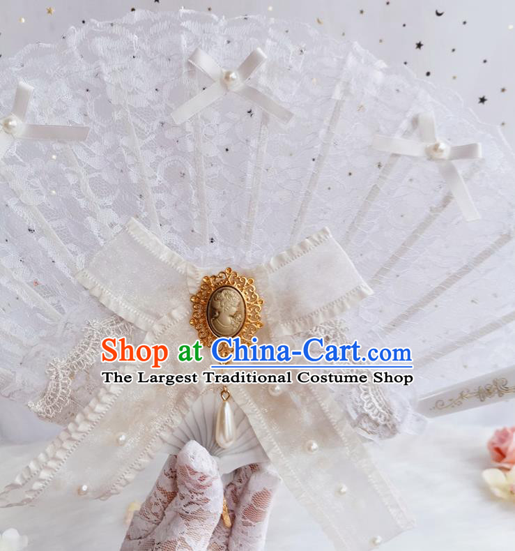 Classical Retro White Lace Fan Handmade Dance Folding Fans Europe Court Princess Bowknot Accordion