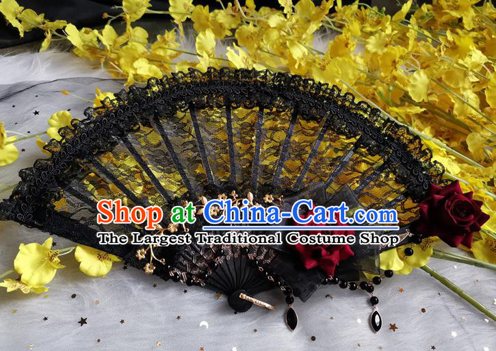 Classical Europe Court Retro Black Lace Fan Handmade Dance Folding Fans Gothic Red Rose Accordion