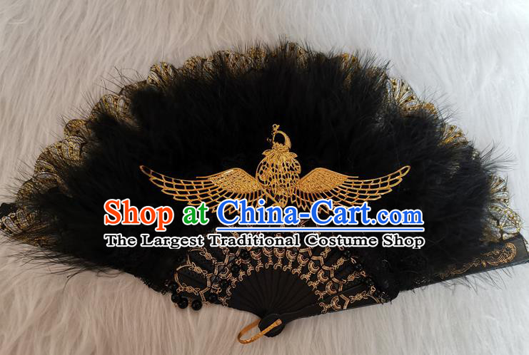 Classical Gothic Black Feather Fan Handmade Europe Court Dance Folding Fans Stage Show Accordion