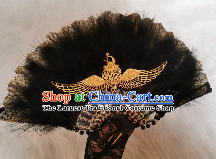 Classical Gothic Black Feather Fan Handmade Europe Court Dance Folding Fans Stage Show Accordion