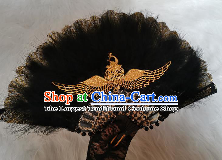Classical Gothic Black Feather Fan Handmade Europe Court Dance Folding Fans Stage Show Accordion