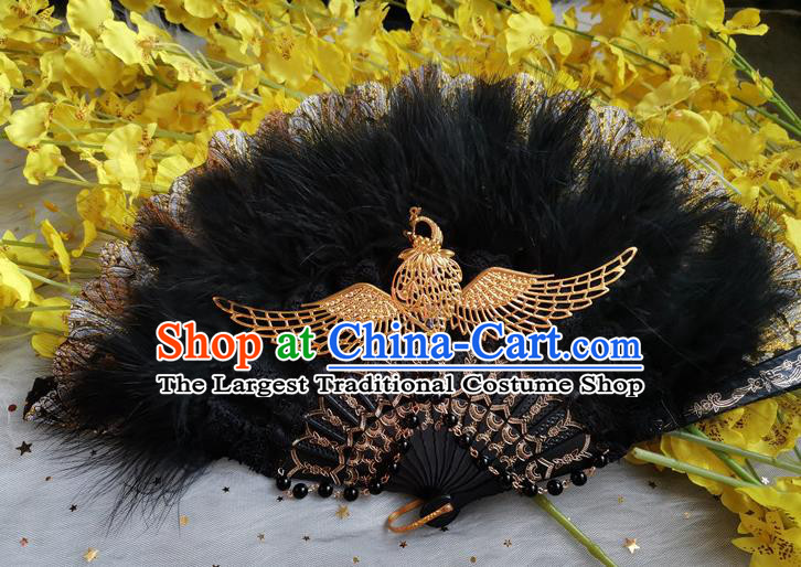 Classical Gothic Black Feather Fan Handmade Europe Court Dance Folding Fans Stage Show Accordion