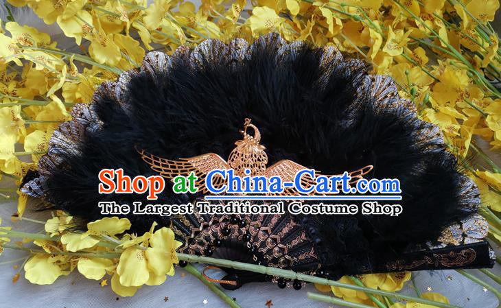 Classical Gothic Black Feather Fan Handmade Europe Court Dance Folding Fans Stage Show Accordion