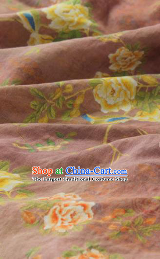 Chinese Traditional Printing Peony Birds Pattern Rust Red Flax Fabric Linen Drapery Asian Qipao Dress Cloth