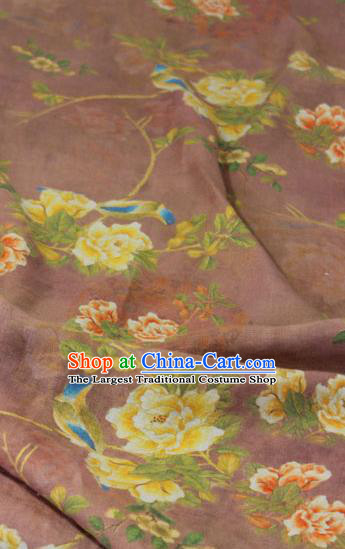 Chinese Traditional Printing Peony Birds Pattern Rust Red Flax Fabric Linen Drapery Asian Qipao Dress Cloth