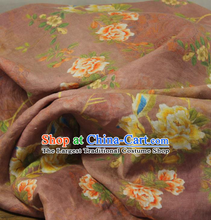 Chinese Traditional Printing Peony Birds Pattern Rust Red Flax Fabric Linen Drapery Asian Qipao Dress Cloth