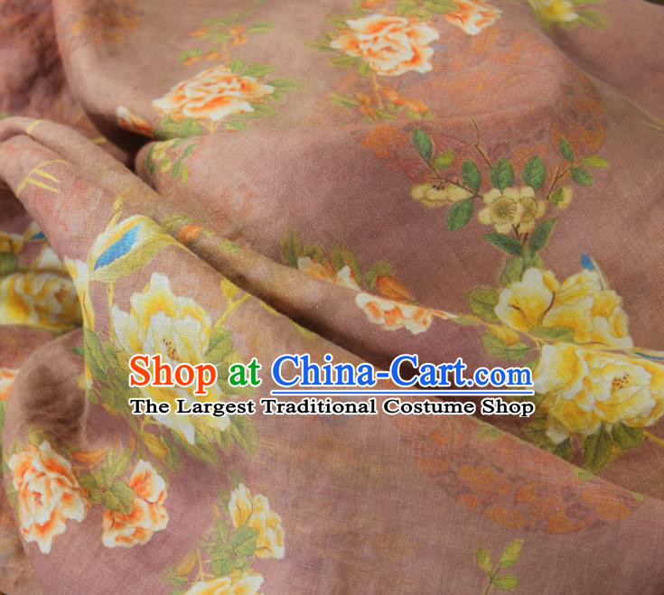 Chinese Traditional Printing Peony Birds Pattern Rust Red Flax Fabric Linen Drapery Asian Qipao Dress Cloth