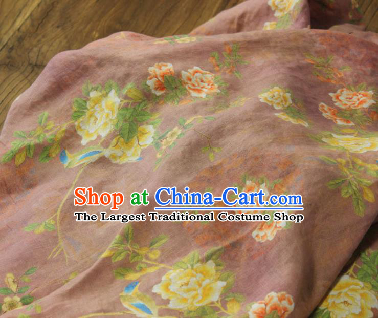 Chinese Traditional Printing Peony Birds Pattern Rust Red Flax Fabric Linen Drapery Asian Qipao Dress Cloth