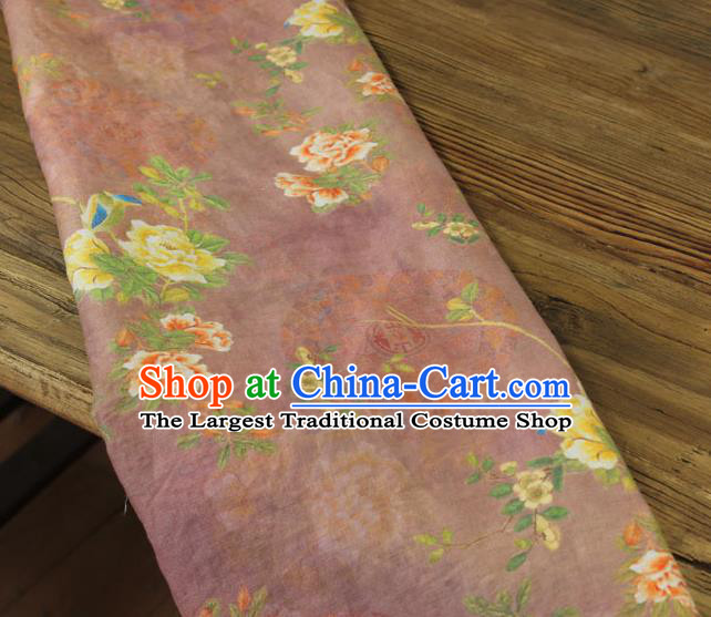 Chinese Traditional Printing Peony Birds Pattern Rust Red Flax Fabric Linen Drapery Asian Qipao Dress Cloth