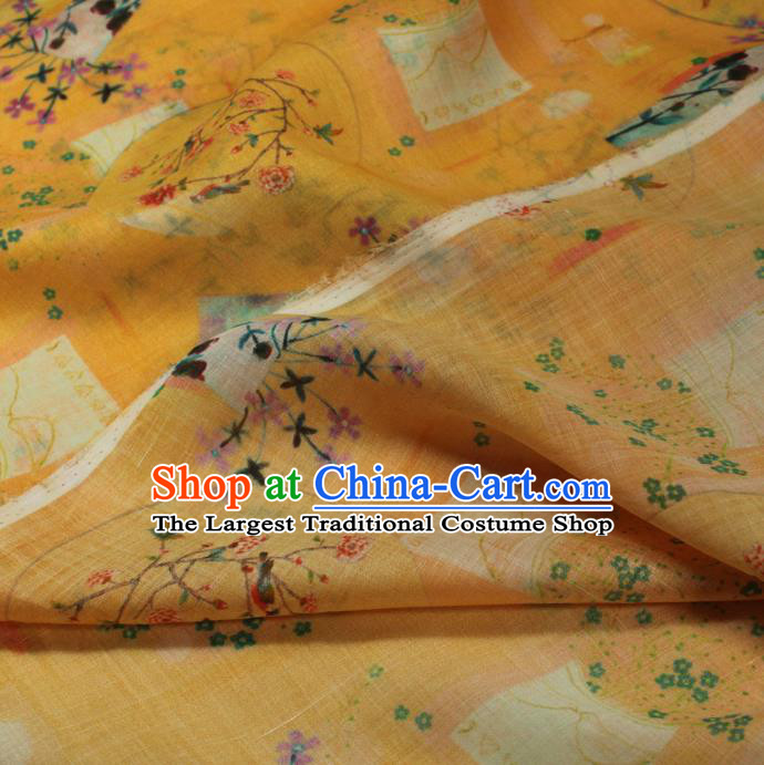 Asian Traditional Yellow Ramine Qipao Dress Cloth Linen Drapery Chinese Printing Flowers Vase Pattern Flax Fabric