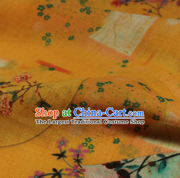 Asian Traditional Yellow Ramine Qipao Dress Cloth Linen Drapery Chinese Printing Flowers Vase Pattern Flax Fabric