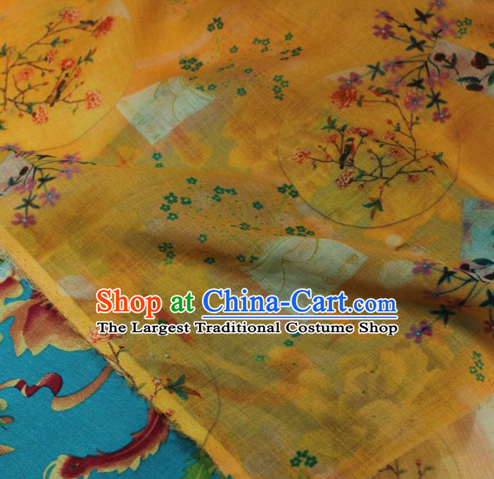 Asian Traditional Yellow Ramine Qipao Dress Cloth Linen Drapery Chinese Printing Flowers Vase Pattern Flax Fabric