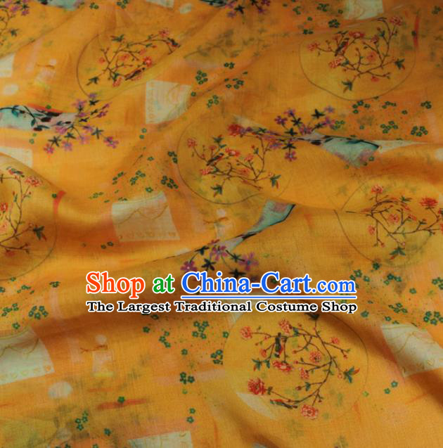 Asian Traditional Yellow Ramine Qipao Dress Cloth Linen Drapery Chinese Printing Flowers Vase Pattern Flax Fabric