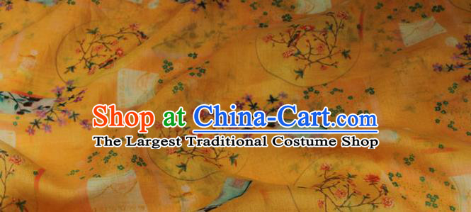 Asian Traditional Yellow Ramine Qipao Dress Cloth Linen Drapery Chinese Printing Flowers Vase Pattern Flax Fabric