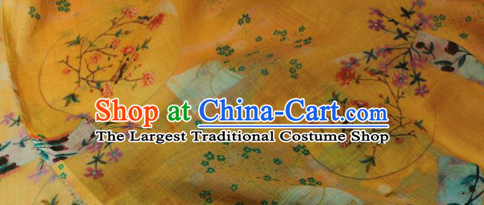 Asian Traditional Yellow Ramine Qipao Dress Cloth Linen Drapery Chinese Printing Flowers Vase Pattern Flax Fabric