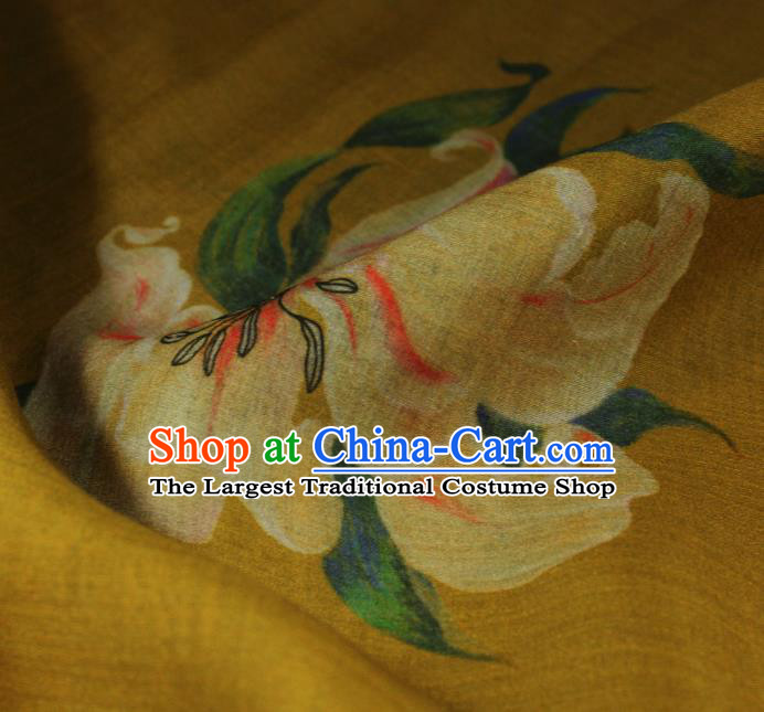 Chinese Printing Lily Flowers Pattern Qipao Dress Flax Cloth Asian Traditional Linen Drapery Yellow Ramine Fabric