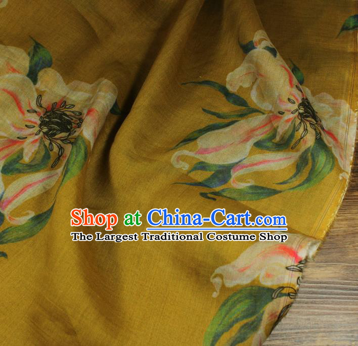 Chinese Printing Lily Flowers Pattern Qipao Dress Flax Cloth Asian Traditional Linen Drapery Yellow Ramine Fabric