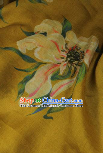Chinese Printing Lily Flowers Pattern Qipao Dress Flax Cloth Asian Traditional Linen Drapery Yellow Ramine Fabric