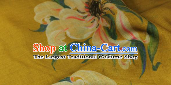 Chinese Printing Lily Flowers Pattern Qipao Dress Flax Cloth Asian Traditional Linen Drapery Yellow Ramine Fabric