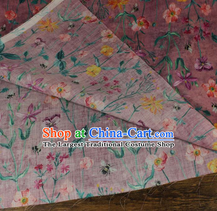 Asian Chinese Traditional Linen Drapery Qipao Dress Flax Cloth Printing Flowers Pattern Magenta Ramine Fabric