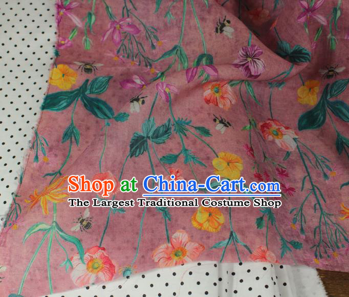 Asian Chinese Traditional Linen Drapery Qipao Dress Flax Cloth Printing Flowers Pattern Magenta Ramine Fabric