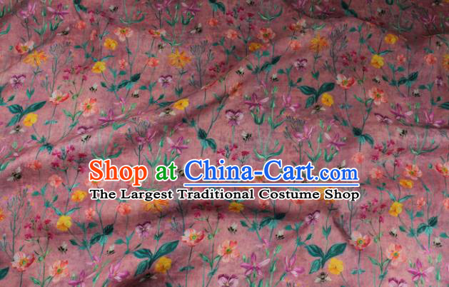 Asian Chinese Traditional Linen Drapery Qipao Dress Flax Cloth Printing Flowers Pattern Magenta Ramine Fabric