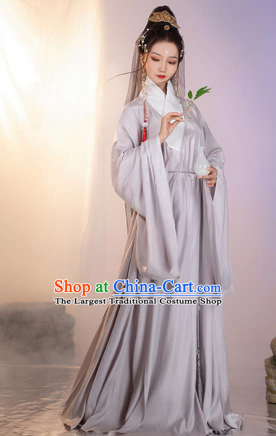 China Ming Dynasty Taoist Nun Apparels Ancient Hanfu Grey Robe Frock Costume for Women