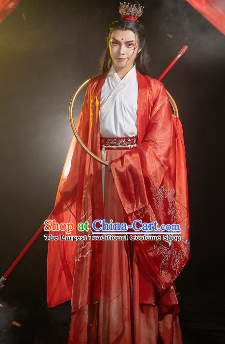 China Traditional Cosplay Ne Zha Hanfu Apparels Ancient Swordsman Costumes Red Cape Shirt and Skirt Full Set