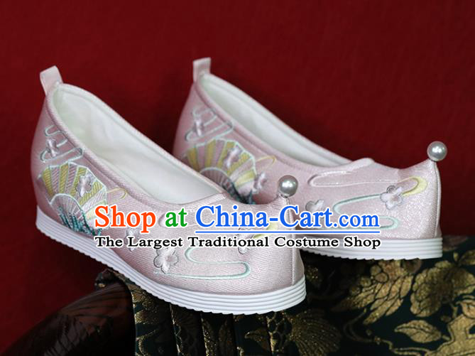 China Hanfu Shoes Princess Shoes Embroidered Shoes Ming Dynasty Young Lady Pink Satin Shoes Handmade Shoes