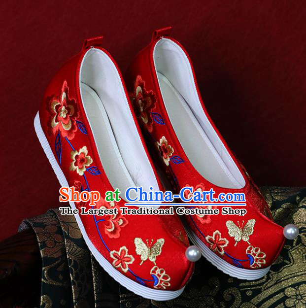 China Red Cloth Hanfu Shoes Embroidered Shoes Tang Dynasty Princess Shoes Handmade Wedding Shoes