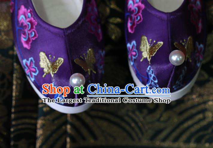 China Embroidered Shoes Tang Dynasty Princess Shoes Handmade Wedding Shoes Purple Cloth Hanfu Shoes