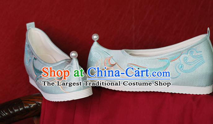 China Light Blue Cloth Shoes Hanfu Shoes Embroidered Whale Shoes Princess Shoes Handmade Bow Shoes