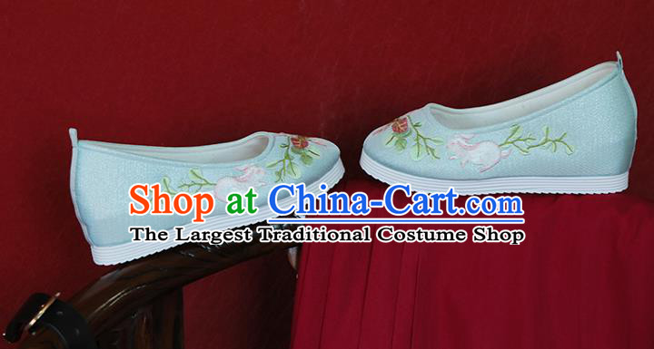 China Handmade Light Blue Cloth Shoes Embroidered Peach Blossom Rabbit Shoes Hanfu Shoes Princess Shoes