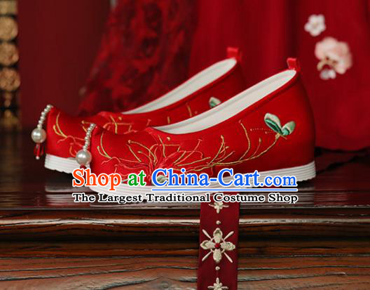 China Ming Dynasty Princess Shoes Hanfu Shoes Embroidered Red Spider Lily Shoes Handmade Red Cloth Shoes
