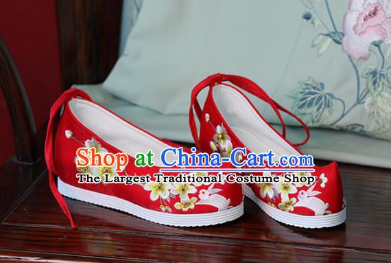 China Hanfu Red Bow Shoes Princess Shoes Handmade Cloth Shoes Embroidered Pear Flowers Rabbit Shoes