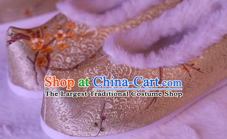 China Ancient Bow Shoes Ming Dynasty Princess Shoes Golden Brocade Shoes Handmade Winter Shoes Hanfu Shoes