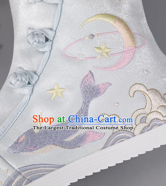 Chinese Ancient Ming Dynasty Swordsman Blue Boots Embroidered Peony Shoes Cloth Shoes for Women